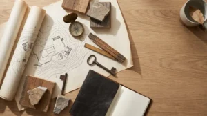 Architectural site plan with planning documents symbolizing land value increase through planning entitlements