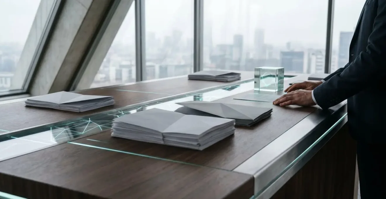 Corporate finance professional analyzing blockchain transaction costs with strategic planning documents