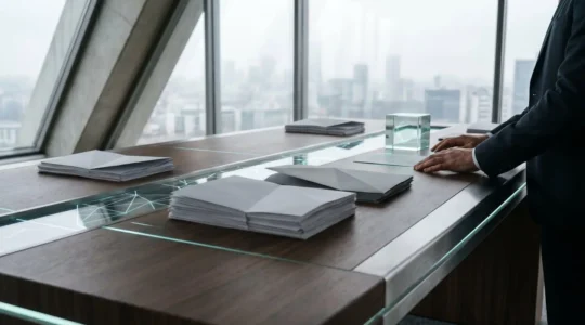 Corporate finance professional analyzing blockchain transaction costs with strategic planning documents