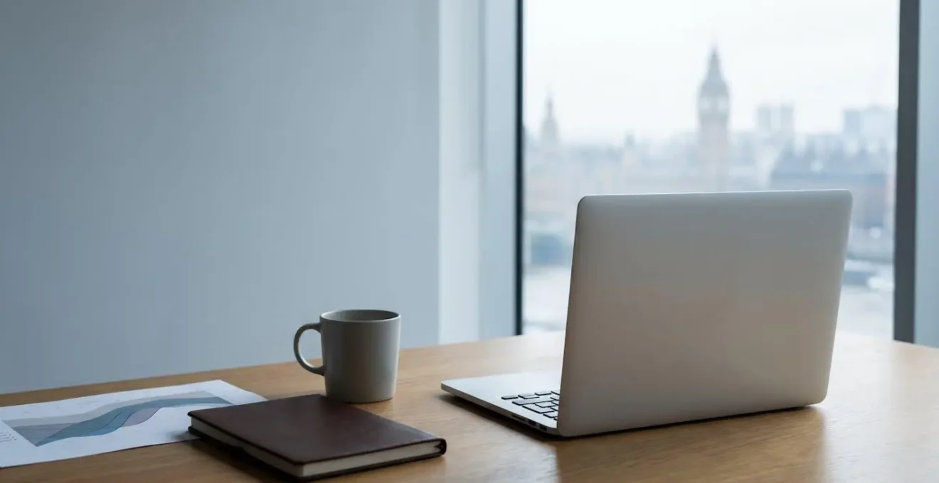 A modern financial strategy workspace with subtle UK elements representing DeFi portfolio management and yield generation