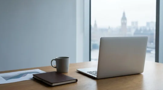 A modern financial strategy workspace with subtle UK elements representing DeFi portfolio management and yield generation