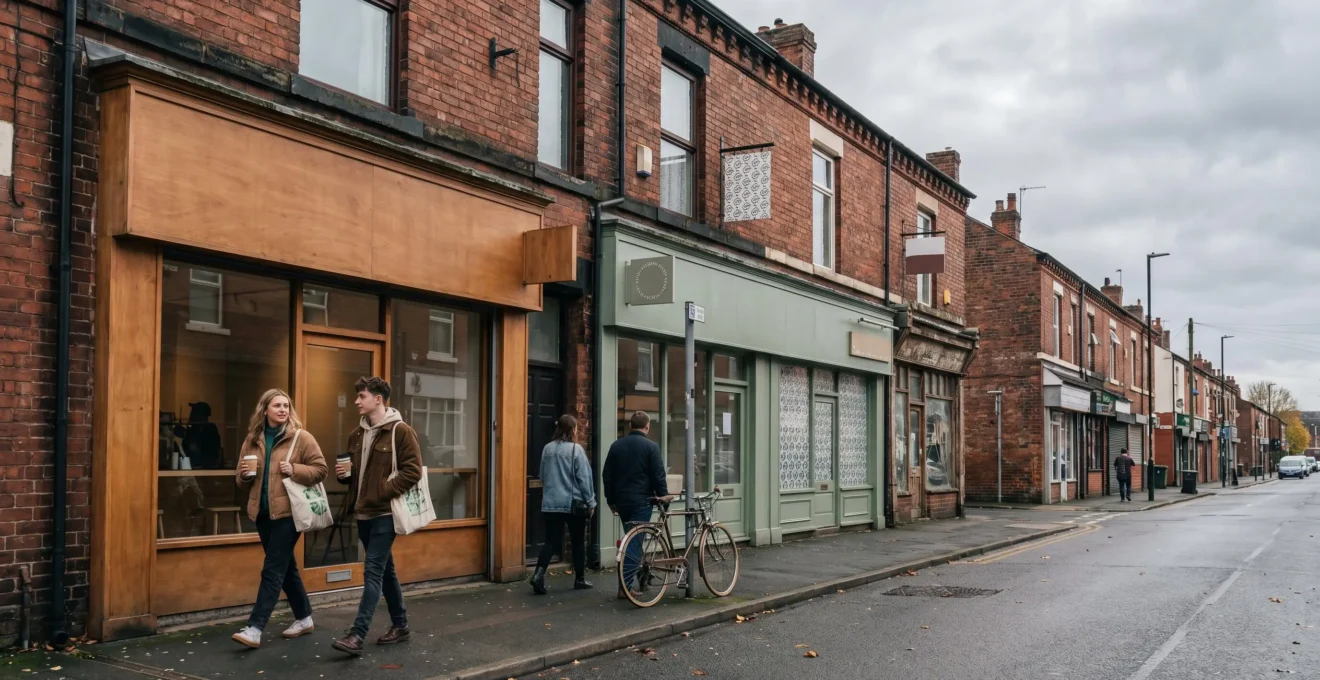 Suburban residential street with Victorian-era terraced houses and small independent cafe with wooden facade