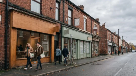 Suburban residential street with Victorian-era terraced houses and small independent cafe with wooden facade
