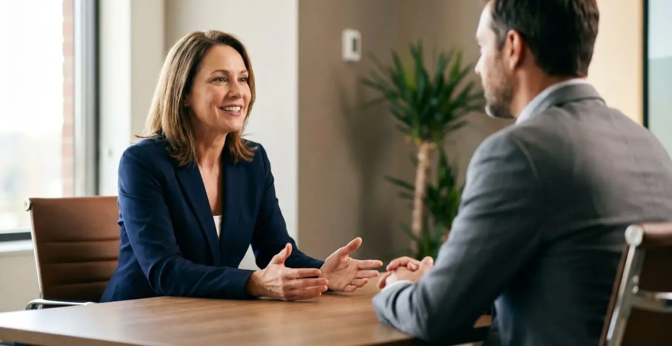 Professional financial advisor having transparent conversation with client in modern office setting