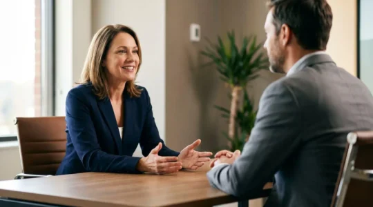 Professional financial advisor having transparent conversation with client in modern office setting
