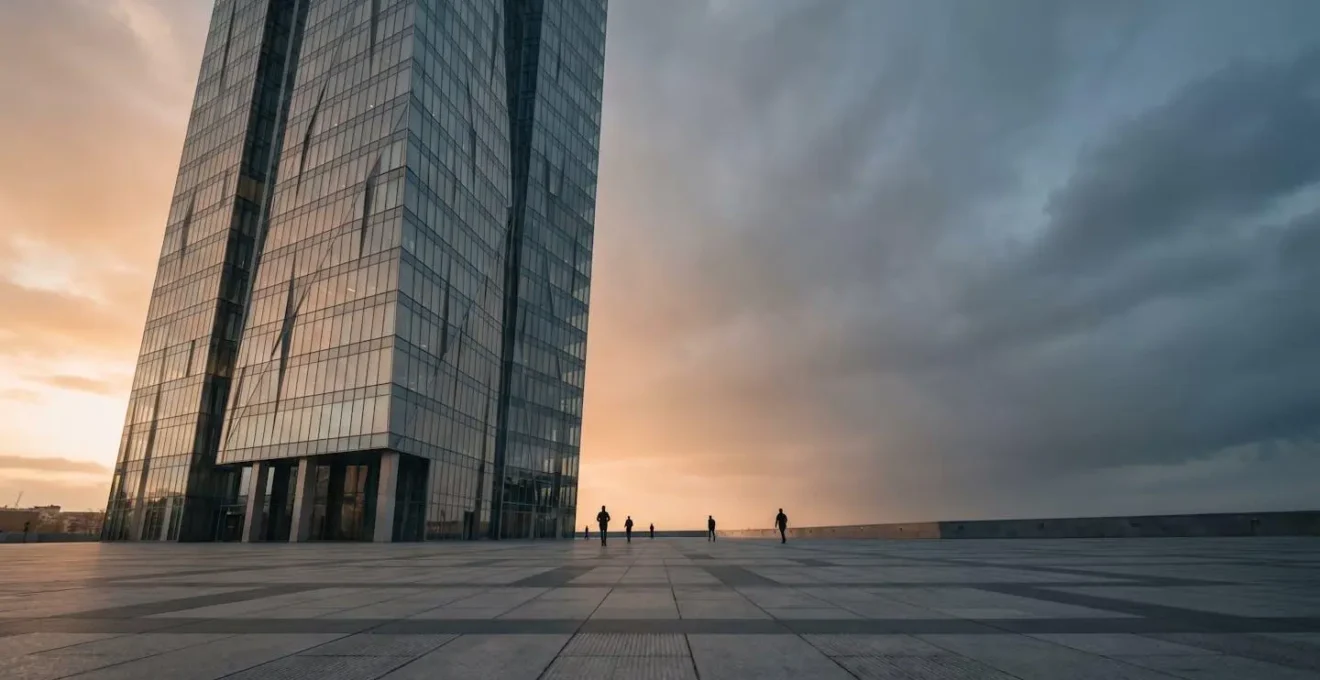 Monumental corporate headquarters under dramatic stormy sky representing large-cap company stability during market turbulence