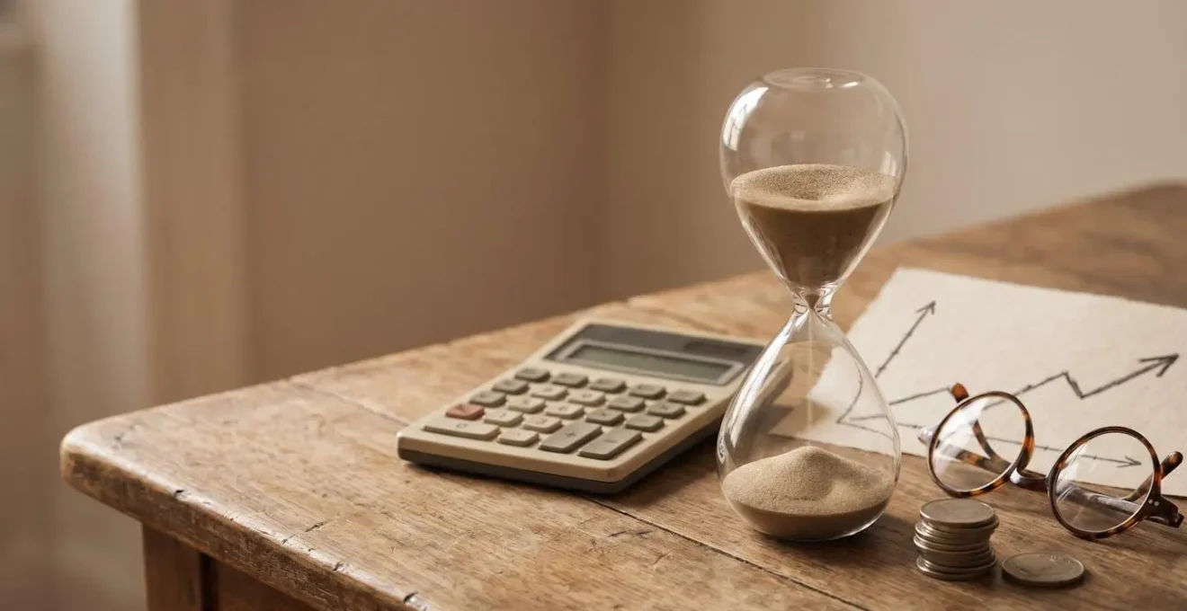 A carefully composed financial planning scene showing retirement strategy elements arranged on a clean surface with natural lighting