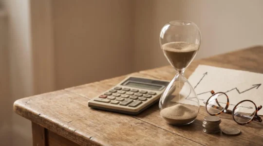 A carefully composed financial planning scene showing retirement strategy elements arranged on a clean surface with natural lighting