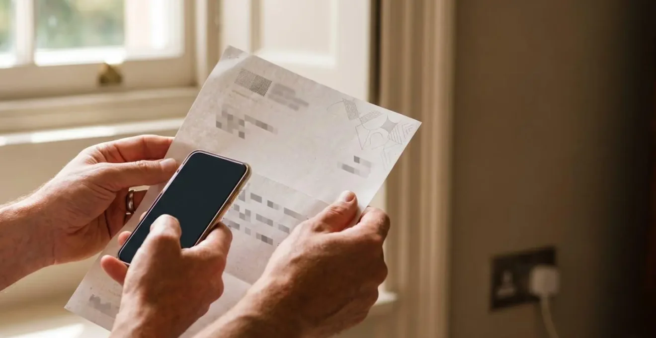 A close-up of hands verifying bank account details on a secure document during a UK property transaction, emphasizing protection and careful verification