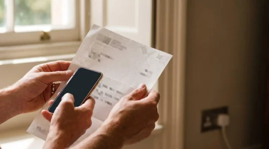 A close-up of hands verifying bank account details on a secure document during a UK property transaction, emphasizing protection and careful verification