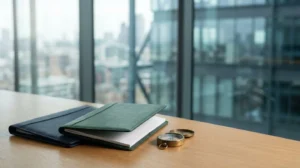 Professional boardroom setting with governance documents and strategic planning materials for ESG regulatory compliance in the United Kingdom