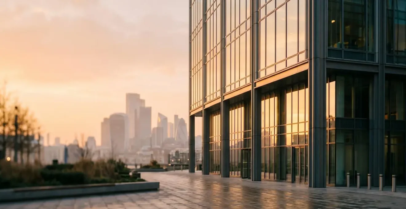 High-end London commercial office building facade with modern glass architecture and professional atmosphere