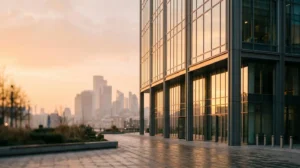 High-end London commercial office building facade with modern glass architecture and professional atmosphere