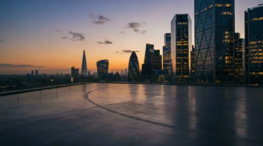 Professional investment analysis scene with sustainable technology evaluation focus in modern UK financial setting