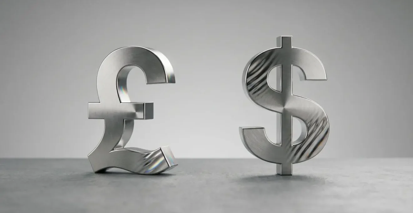 Financial strategy concept showing currency exchange and investment decision-making between UK and US markets