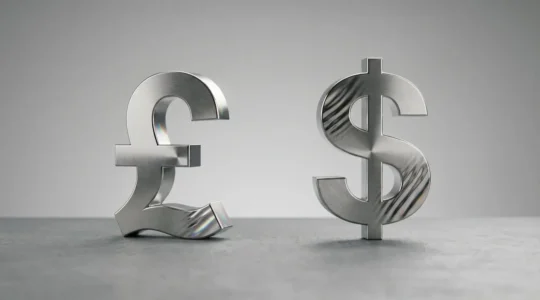 Financial strategy concept showing currency exchange and investment decision-making between UK and US markets