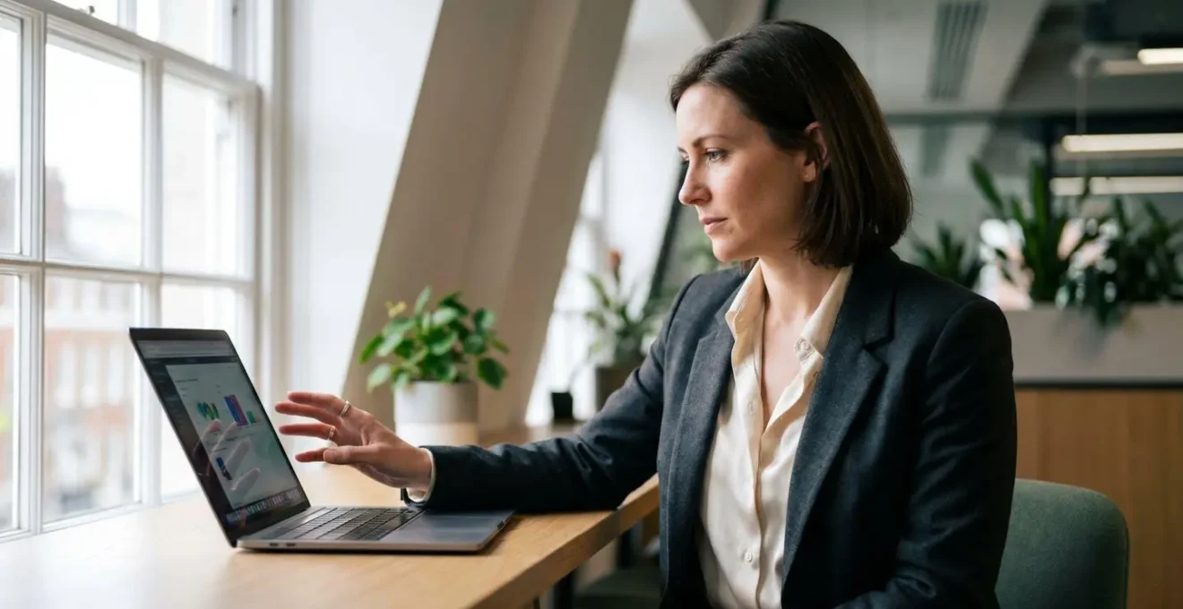 Modern UK property manager reviewing cloud-based portfolio management platform on laptop in professional office setting