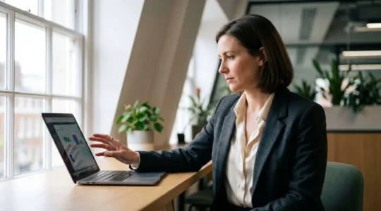 Modern UK property manager reviewing cloud-based portfolio management platform on laptop in professional office setting