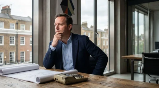 Real estate developer reviewing architectural plans and financial models in a modern office environment