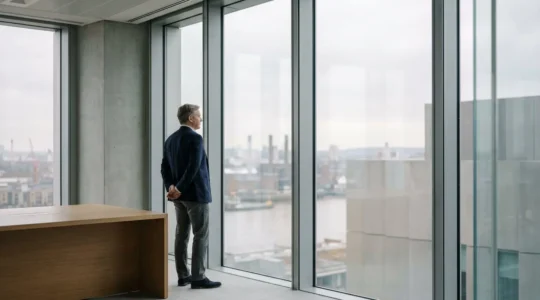 British business owner reviewing international currency hedging strategy for protecting profit margins