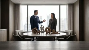 Strategic wealth management consultation capturing entrepreneurial transition moment